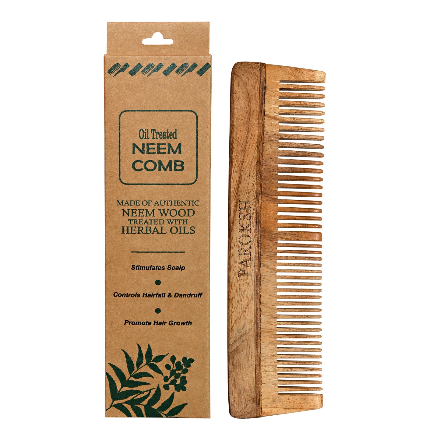 PAROKSH Oil Treated Neem Wood Comb, Stimulates Scalp, Controls Hairfall & Dandruff, Promotes Hair Growth