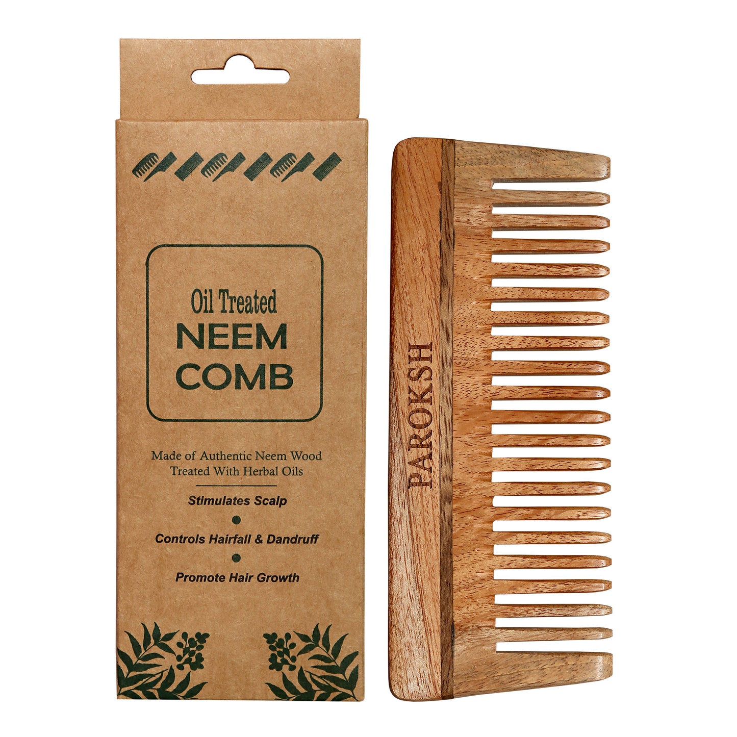 PAROKSH Neem Wood Shampoo Comb | Treated with Herbal Oils | Stimulates Scalp, Controls Hairfall & Dandruff, Promotes Hair Growth