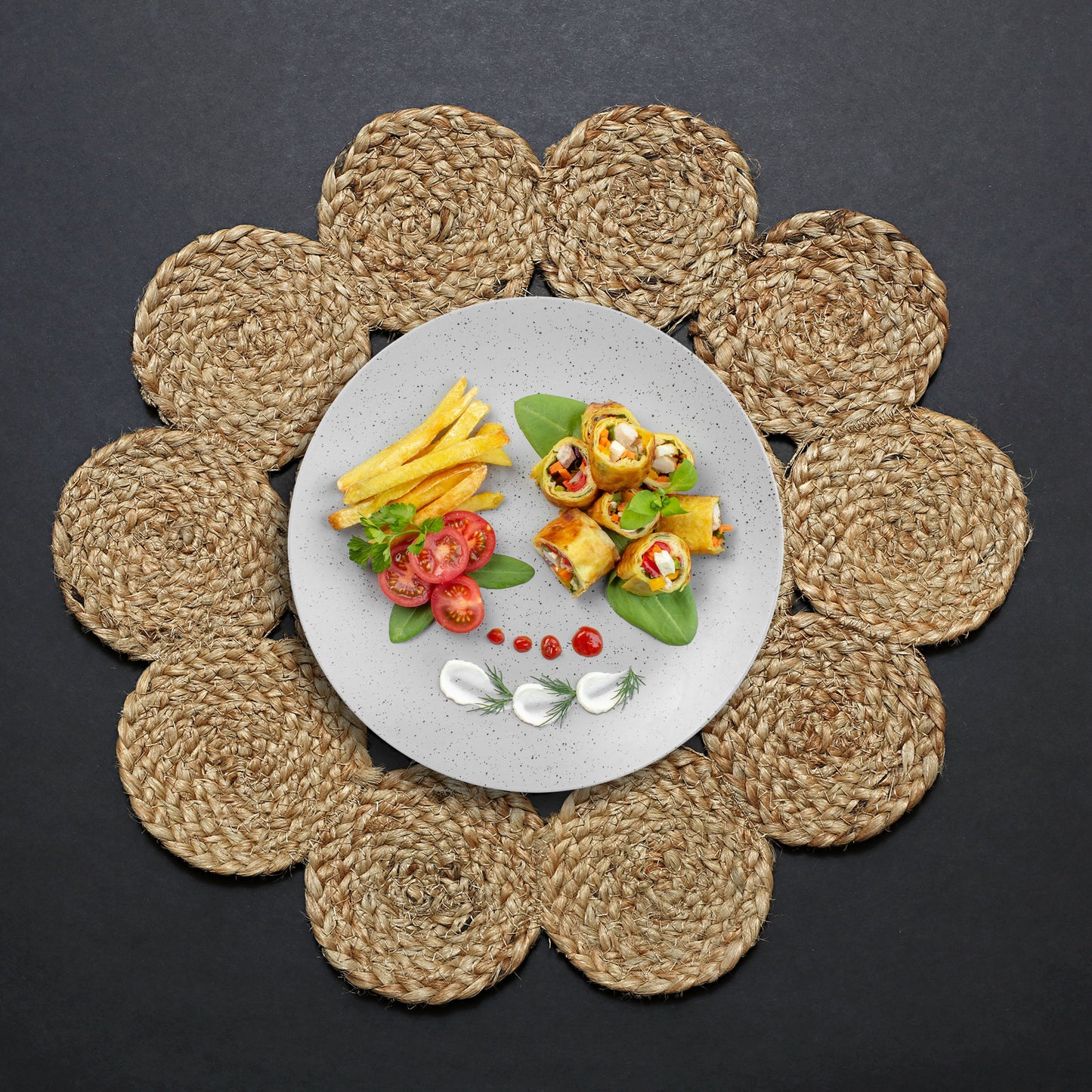 Set Of 4 Brown Fringed Round Jute Table Placemats