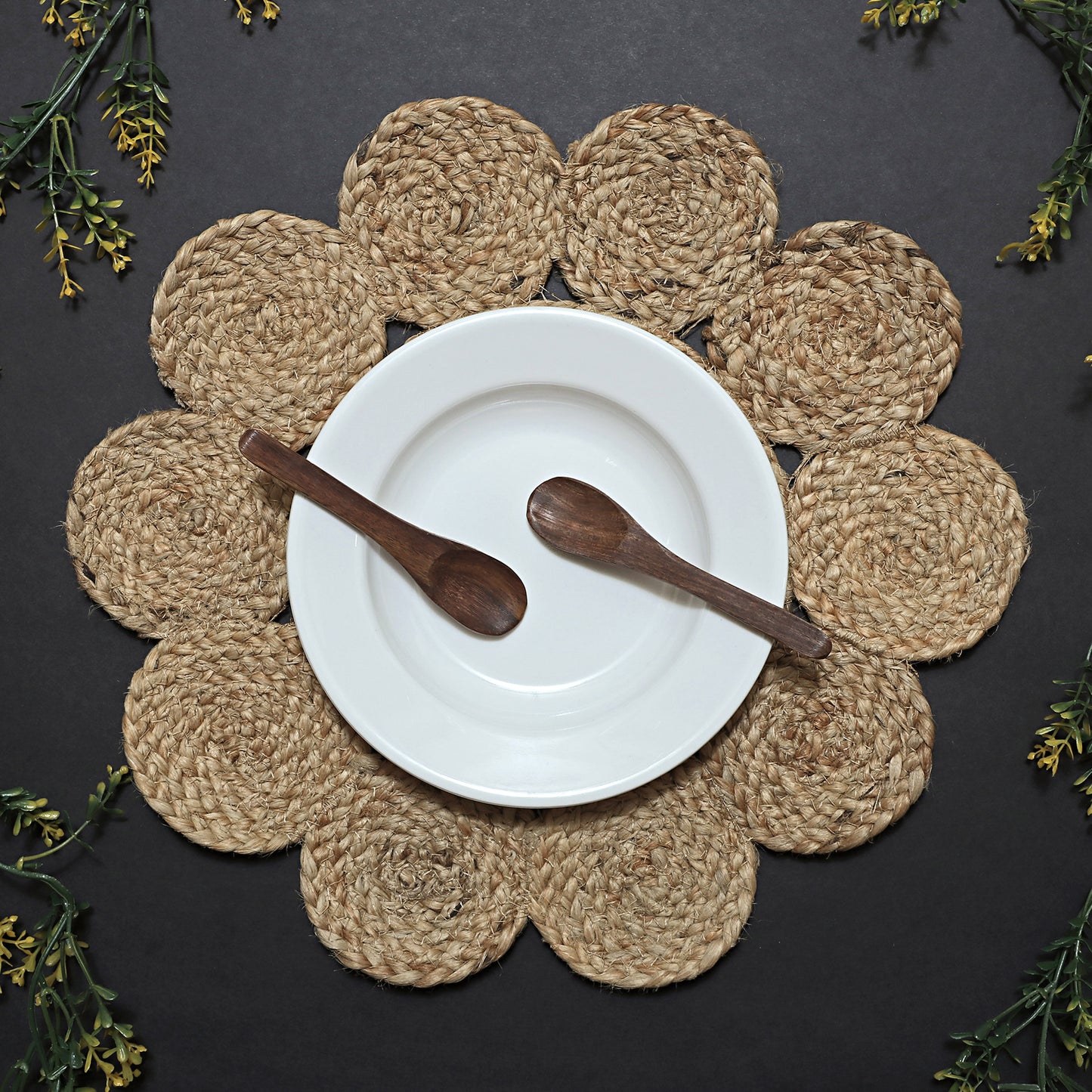 Set Of 6 Brown Braided Round Jute Table Placemats