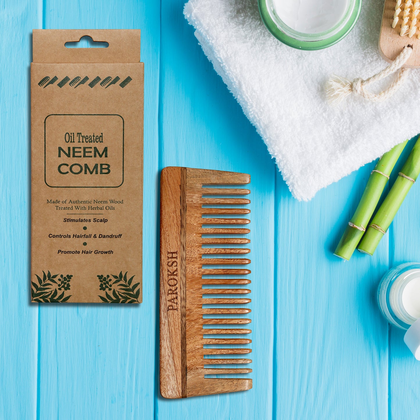 PAROKSH Neem Wood Shampoo Comb | Treated with Herbal Oils | Stimulates Scalp, Controls Hairfall & Dandruff, Promotes Hair Growth