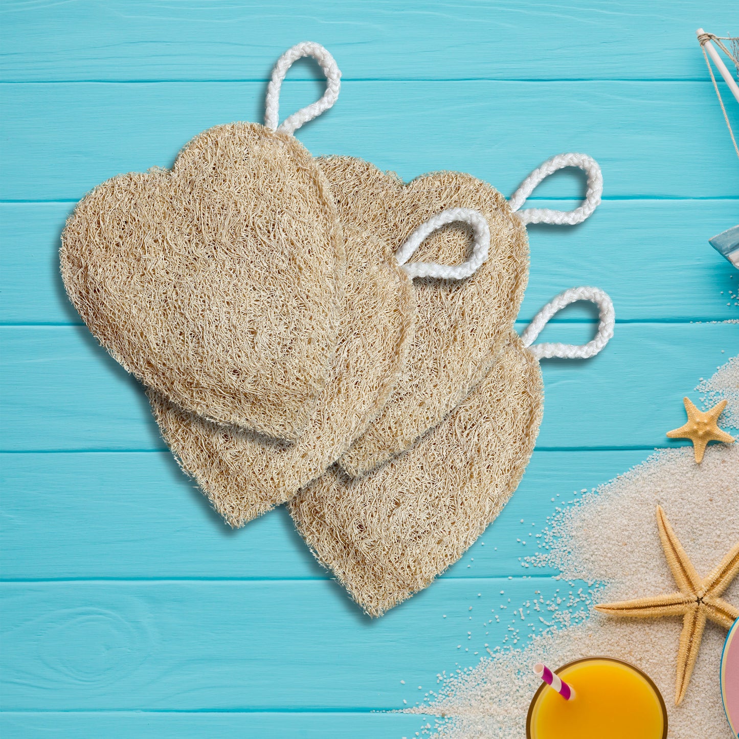 Heart-Shaped Loofah Pouf, Natural Fibre Bath Scrubber Pack of 3