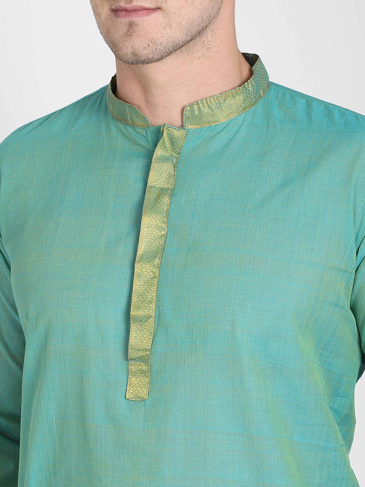 PAROKSH Men's Embroidered Mint Handloom Long Cotton Ethnic Kurta