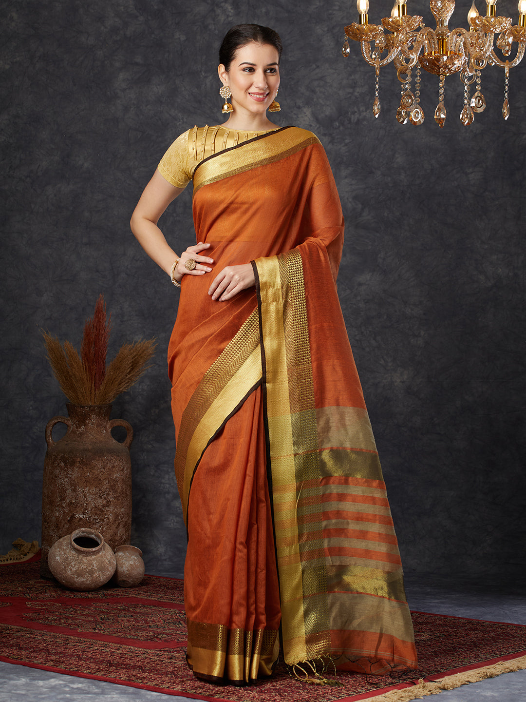 PAROKSH Women's Handloom Cotton Silk Orange Saree With Zari Border