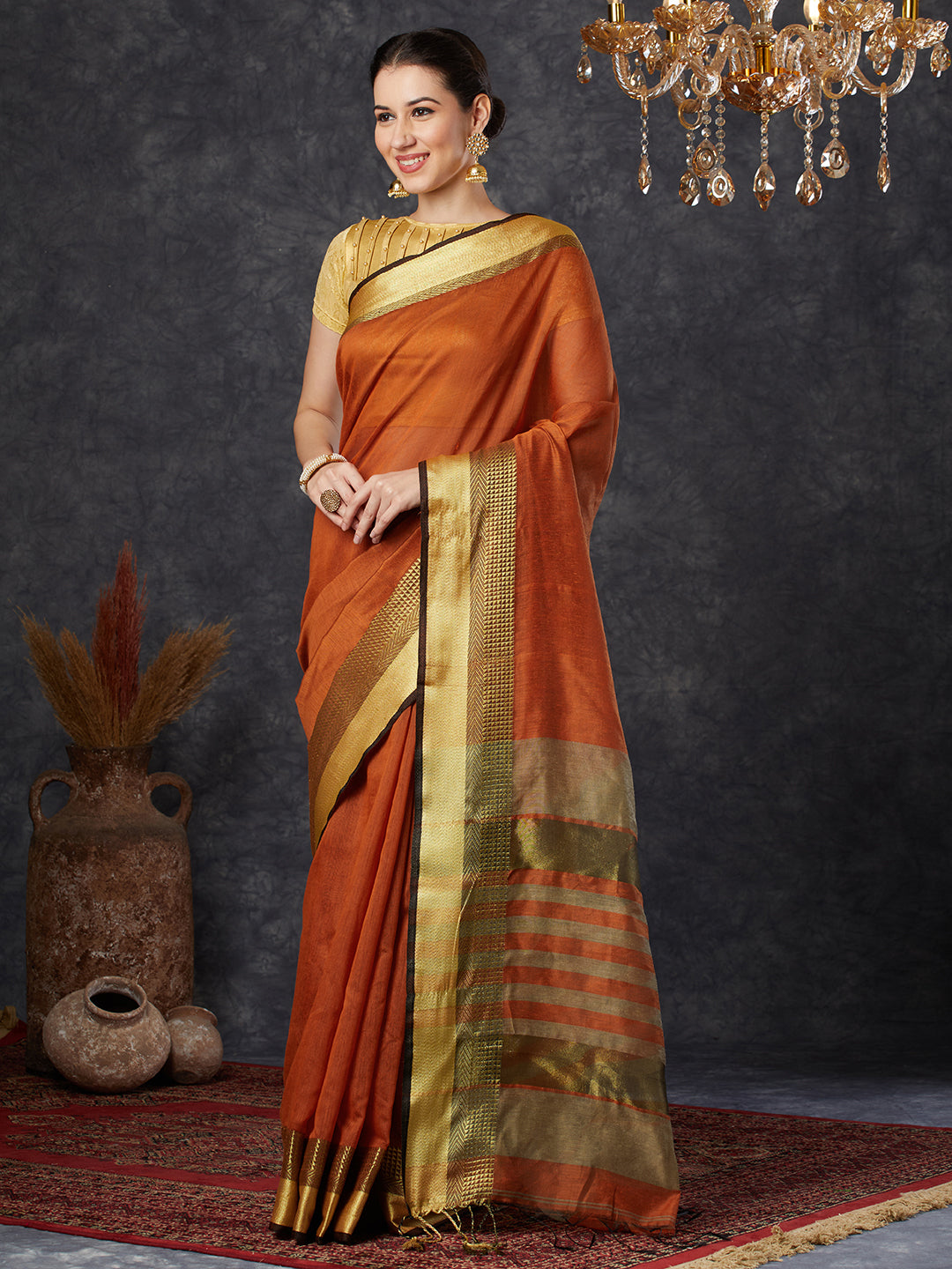 PAROKSH Women's Handloom Cotton Silk Orange Saree With Zari Border