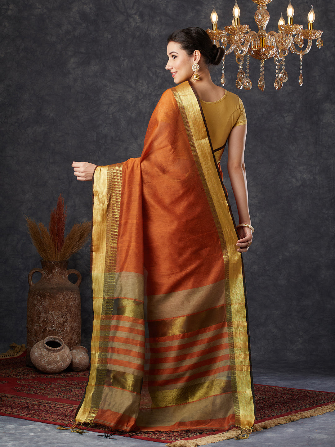 PAROKSH Women's Handloom Cotton Silk Orange Saree With Zari Border