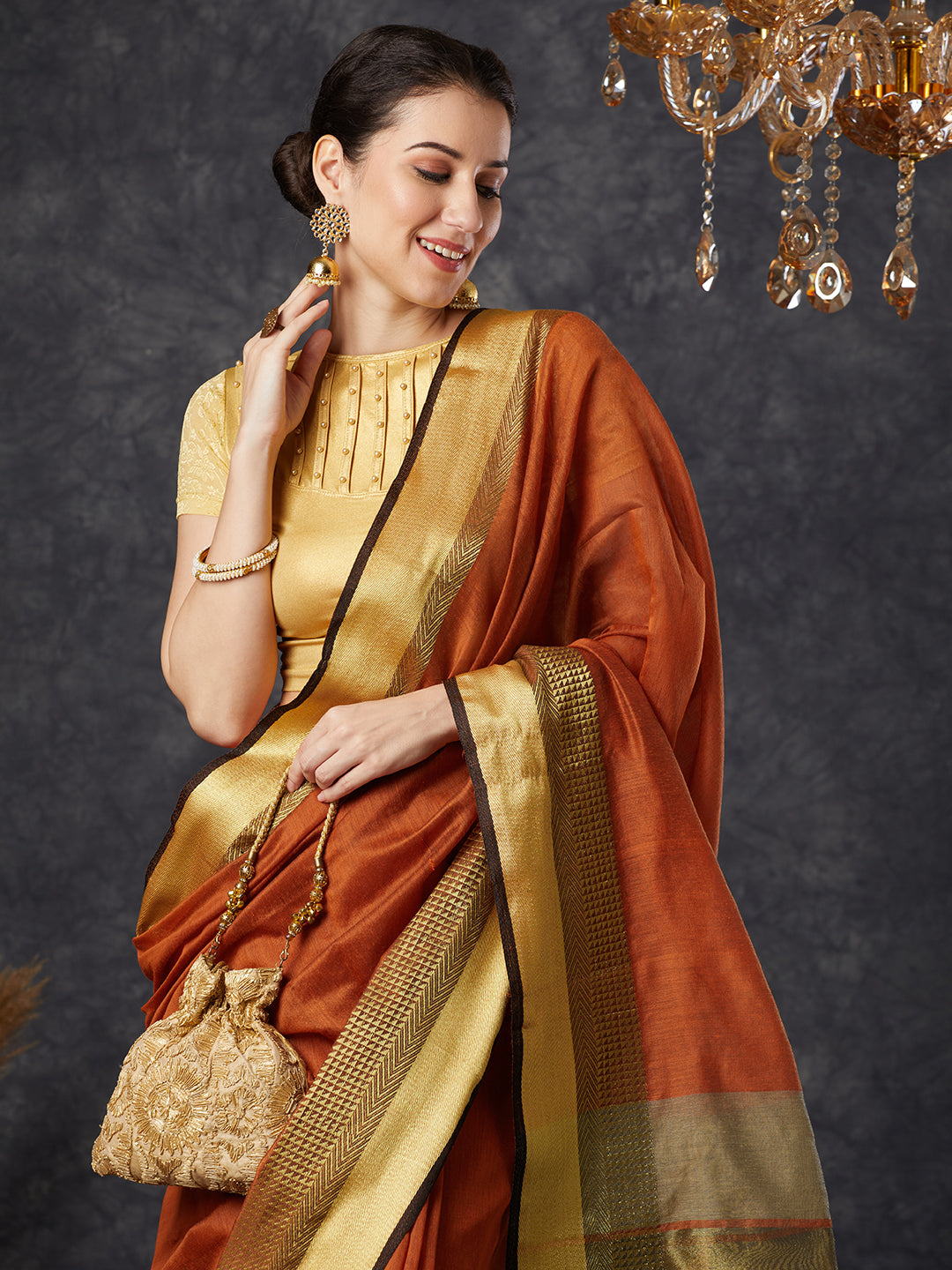 PAROKSH Women's Handloom Cotton Silk Orange Saree With Zari Border