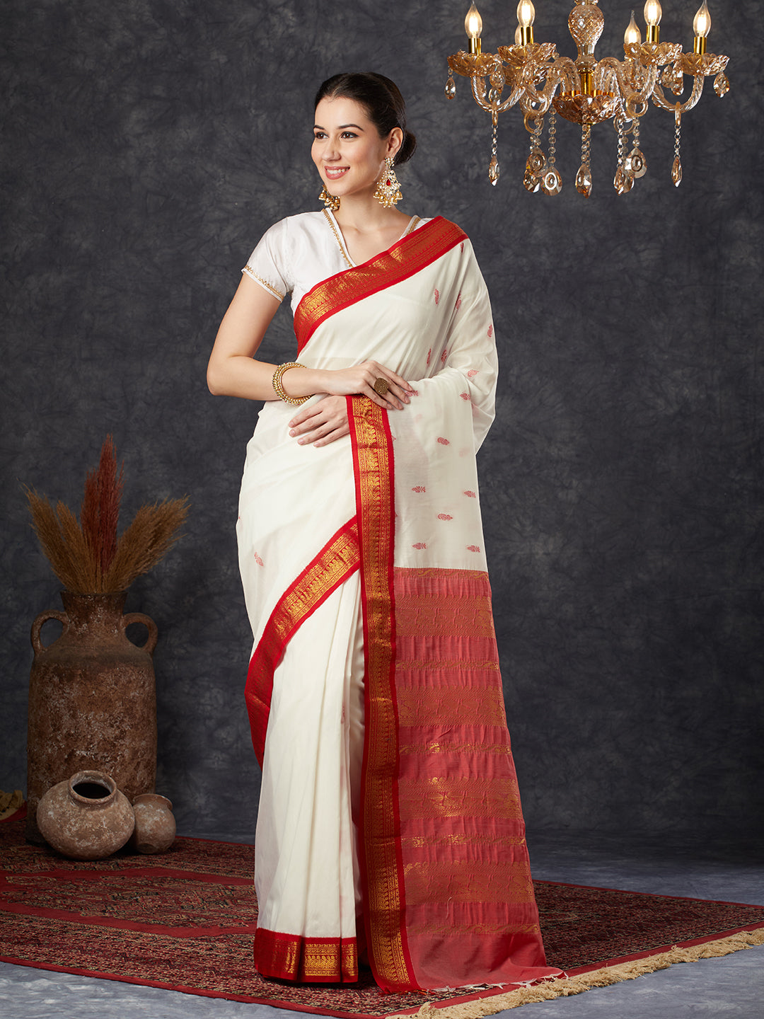 PAROKSH Women's Handloom Gadwal Cotton Silk Woven white saree with red zari pallu