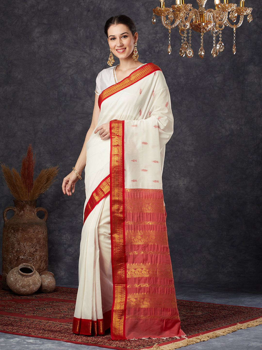 PAROKSH Women's Handloom Gadwal Cotton Silk Woven white saree with red zari pallu