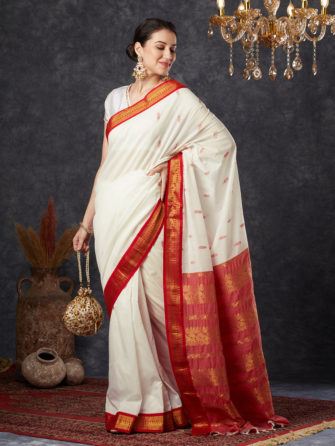 PAROKSH Women's Handloom Gadwal Cotton Silk Woven white saree with red zari pallu