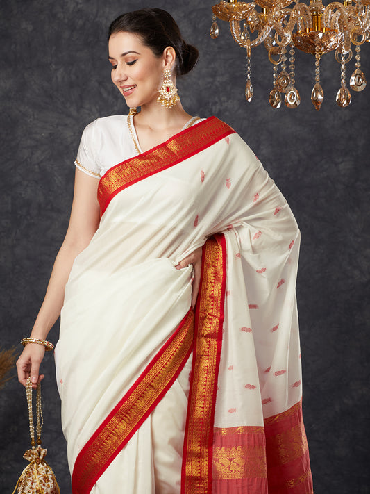 PAROKSH Women's Handloom Gadwal Cotton Silk Woven white saree with red zari pallu