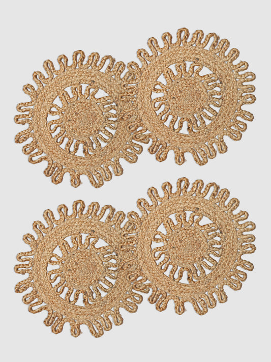 Set Of 4 Brown Braided Round Jute Table Placemats